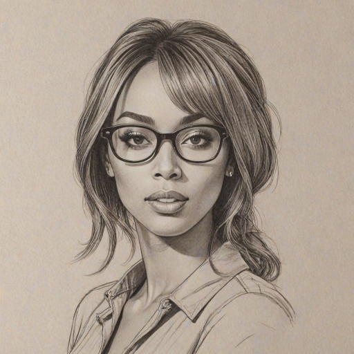 Attractive Keri Hilson, pencil sketch, portrait of Exquisite woman 1968s in glasses, hair style beatnik, outline, clear lines, fine lines, 8k