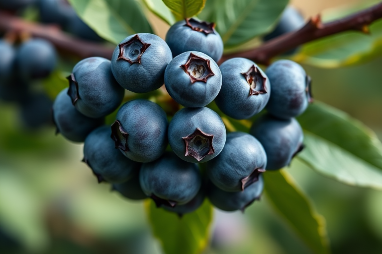 A cluster of fresh blueberries on a branch with green leaves, captured in high resolution with a 50mm lens, f/1.8 aperture, ISO 100, soft natural lighting, shallow depth of field, macro photography style.