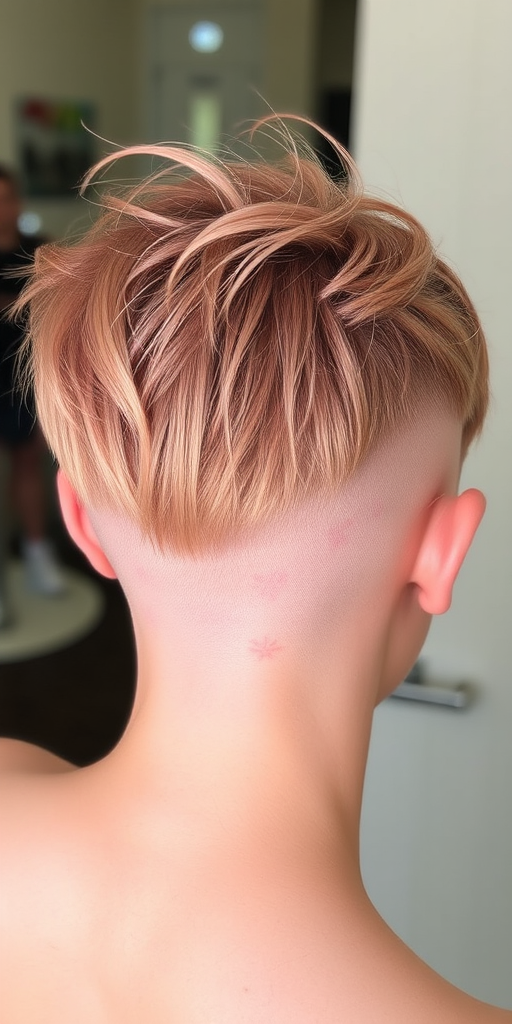 Rose gold pixie undercut with delicate floral designs etched into the buzzed portions, called "Blossoming Dawn" hair, featuring a textured crown and wispy tendrils