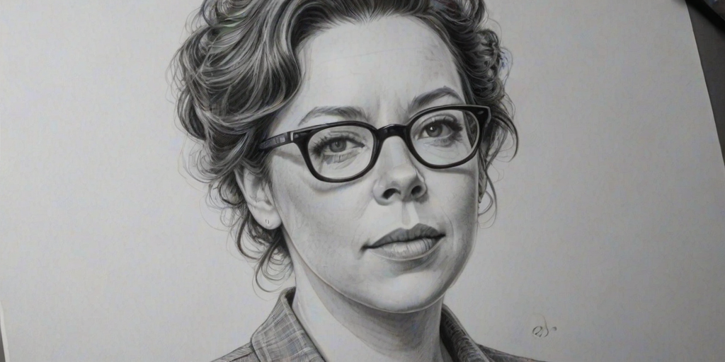 Exquisite Olivia Colman, pencil sketch, portrait of Superb woman 1954s in glasses, hair style beatnik, outline, clear lines, fine lines, 8k