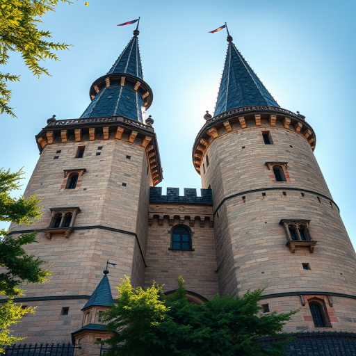 highly detailed medieval tower, captured in bright daylight, 24mm lens, f/8 aperture, ISO 100, HDR photography, 4K resolution, wide angle view, DSLR camera