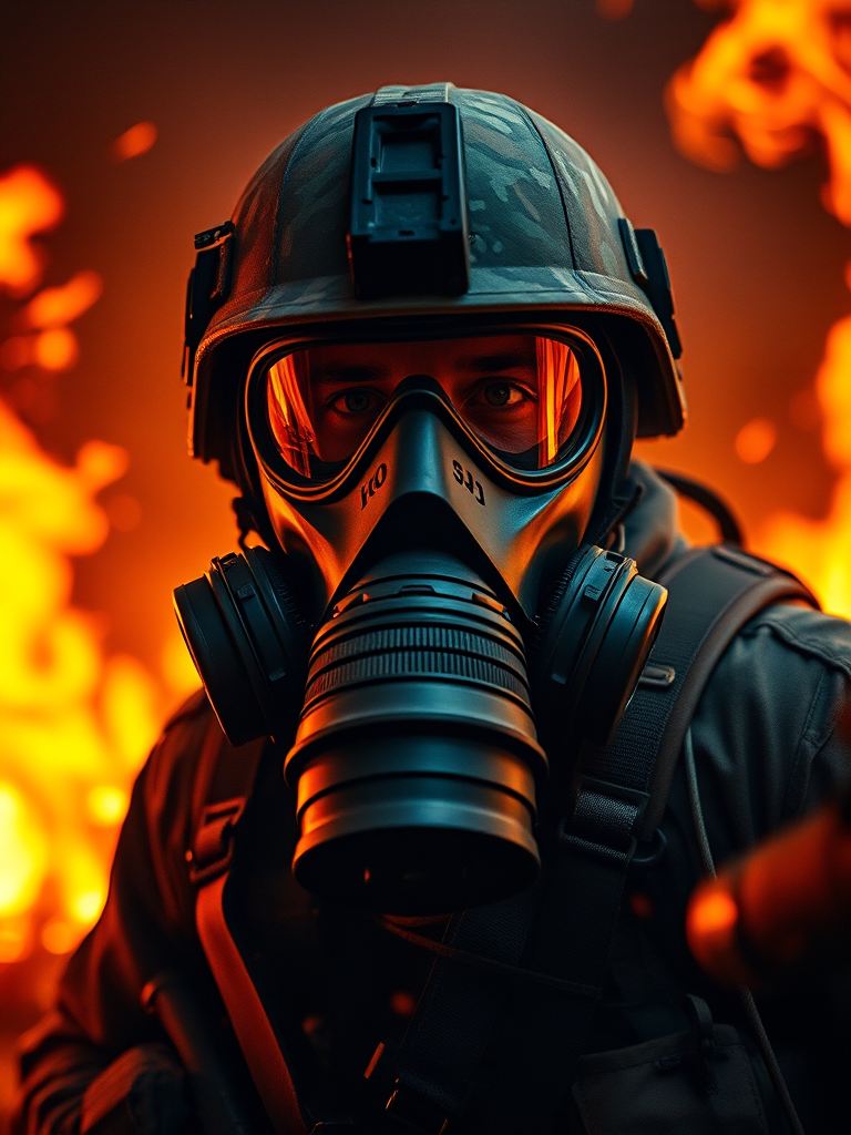 Generate a highly detailed, dramatic image of a soldier in a fiery environment wearing a gas mask, photographed with a full-frame DSLR camera at f/2.8, ISO 100, 1/200s shutter speed, in a low-angle view with a cinematic style and vibrant colors to enhance the intensity of the flames.