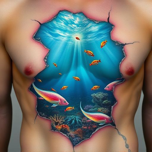 Hyper-realistic 3D tattoo entitled "Living Canvas" depicting a trompe l'oeil effect of torn or peeled skin revealing a vivid underwater scene beneath complete with coral reefs tropical fish and shimmering water rendered in exquisite detail with advanced shading techniques creating the illusion of depth and texture so lifelike it appears as if the skin has truly been transformed into a window to another world
