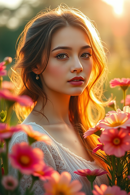 Create an ethereal portrait of a woman surrounded by vibrant flowers, soft golden sunlight filtering through, shot with a Canon EOS R5, 50mm f/1.2 lens, aperture at f/1.8, ISO 100, 1/250 sec shutter speed, under natural light to enhance colors and details.