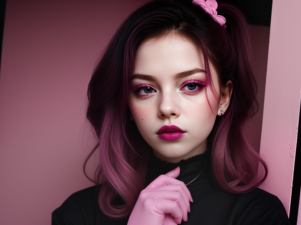 Elegant Young Woman with Pink Hair and Makeup Against a Soft Background