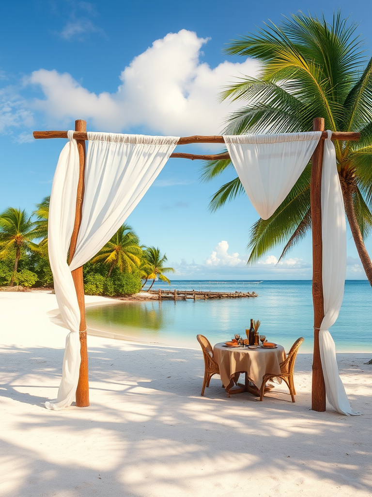 Create a picturesque tropical beach scene featuring a serene, white sandy shore. In the foreground, there's a rustic wooden canopy with white drapes gently flowing in the breeze. Underneath the canopy, a table is set with tropical decor, evoking a sense of relaxation and leisure. The beach extends into a calm, shallow water area with reflections of the sky and surroundings. Palm trees and lush greenery line the edge of the beach, providing a natural, tropical backdrop. The sky is clear with a few scattered clouds, and the overall atmosphere is tranquil and inviting, perfect for a peaceful retreat.