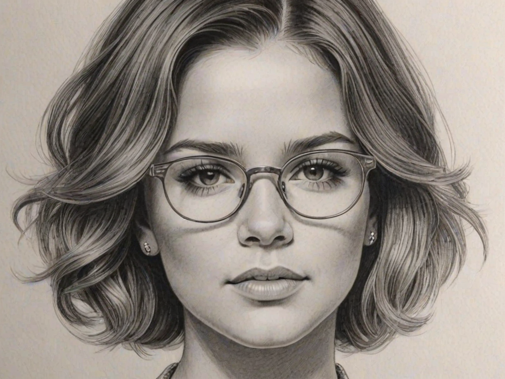 Wonderful Maren Morris, pencil sketch, portrait of Dazzling woman 1939s in glasses, hair style beatnik, outline, clear lines, fine lines, 8k