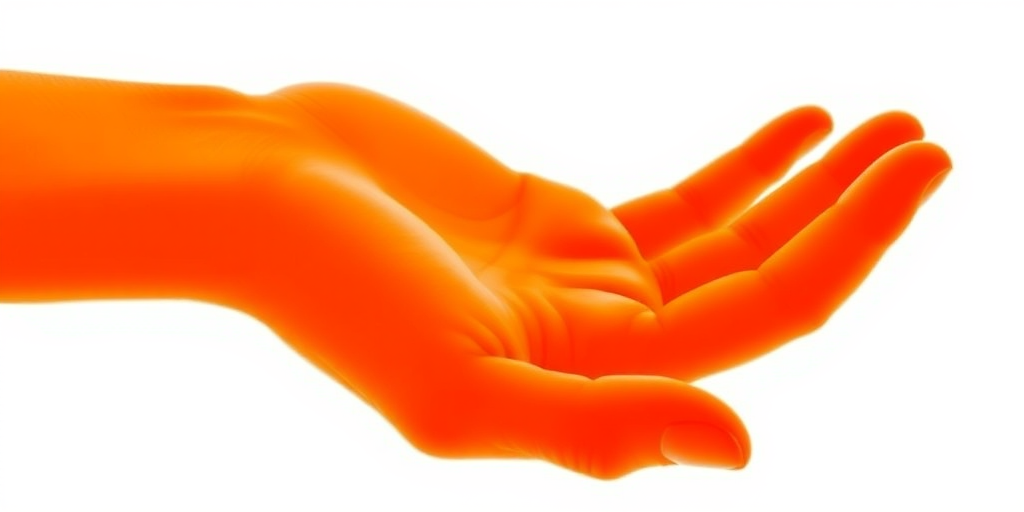 Create an illustration of a large, vibrant orange hand silhouette against a white background, with a high-resolution digital style, shot from a flat lay perspective using a 50mm lens at f/1.8 for a soft focus effect.