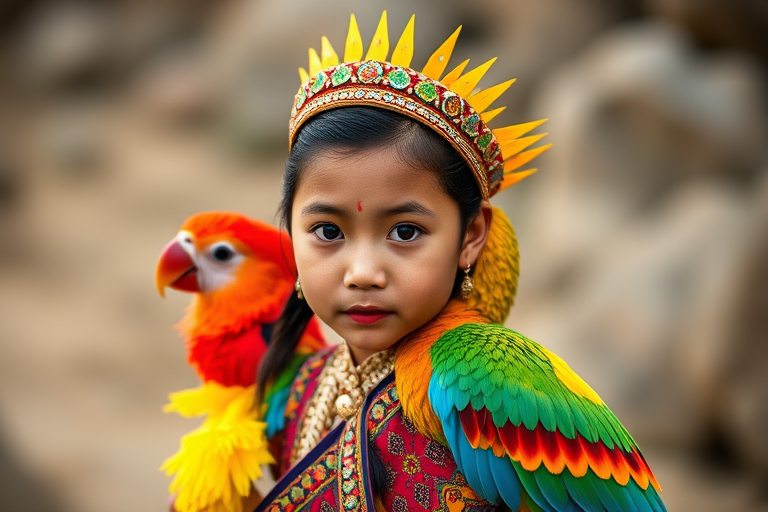 A beautiful Burmese girl, wearing colorful bird clothing with vibrant colors