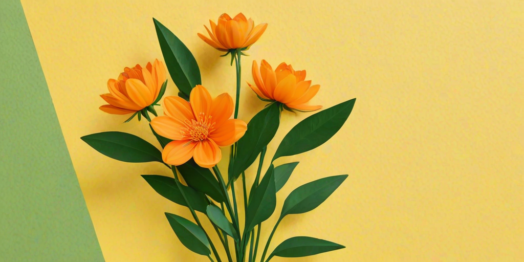 create a minimalistic illustration of a bouquet of orange flowers with green leaves set against a bright yellow background