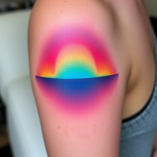 Gradient color tattoo titled "Spectrum Shift" featuring a smooth transition of vibrant hues across the design, creating a mesmerizing optical effect, celebrated for its modern and eye-catching appearance