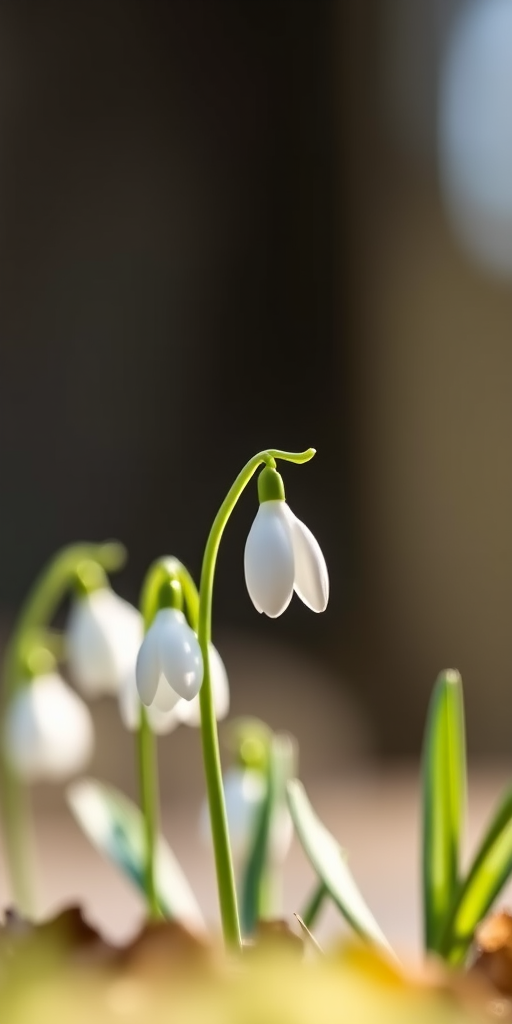snowdrop flowers in a soft-focus background, macro photography, aperture f/2.8, shutter speed 1/250s, ISO 100, natural light, DSLR camera, close-up shot