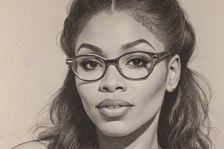 Captivating Adina Howard, pencil sketch, portrait of Fetching woman 1965s in glasses, hair style beatnik, outline, clear lines, fine lines, 8k