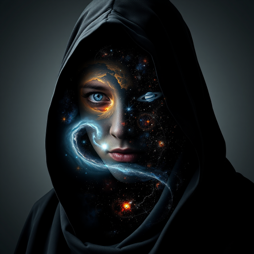 A mysterious hooded figure stands silently, the dark cloak flowing around them like shadows. Beneath the hood, their face is a mesmerizing cosmic scene where swirling galaxies, radiant stars, and vibrant planets form the features. Nebulas drift where eyes should be, glowing softly, while delicate streaks of cosmic energy trace the outlines of a nose and lips. Comets streak across the vastness of their face, and faint constellations pulse with life. The entire visage shifts and evolves as if the universe itself is contained within the figure, giving an ethereal, otherworldly presence to their form.