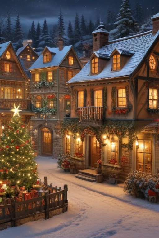 Charming Winter Village Decorated for Christmas Under a Starry Night Sky