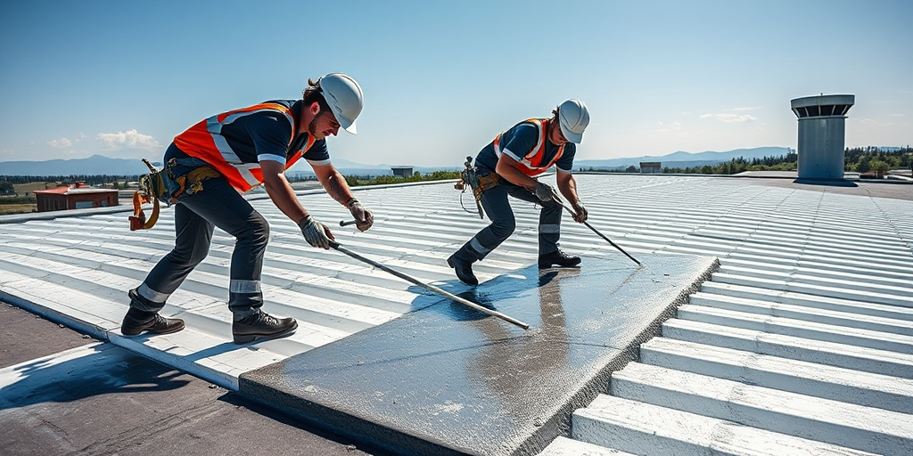Capture a high-resolution image of two roof workers applying a coating, using a Canon EOS R5 with a 24-70mm lens at f/4, iso 100, and a shutter speed of 1/200s, from a slightly elevated angle to showcase their teamwork and the surrounding landscape in bright daylight.