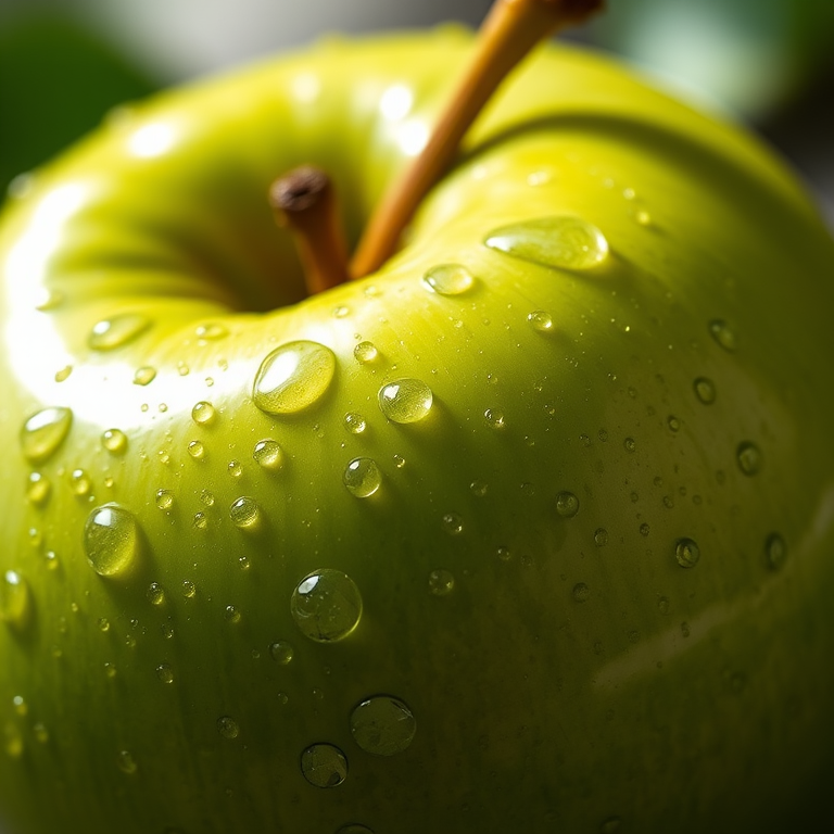 Create a highly detailed, hyper-realistic image of a glossy green apple with water droplets on its surface, taken with a Canon EOS R5 at f/2.8, ISO 100, 50mm lens, with a shallow depth of field and soft natural lighting.