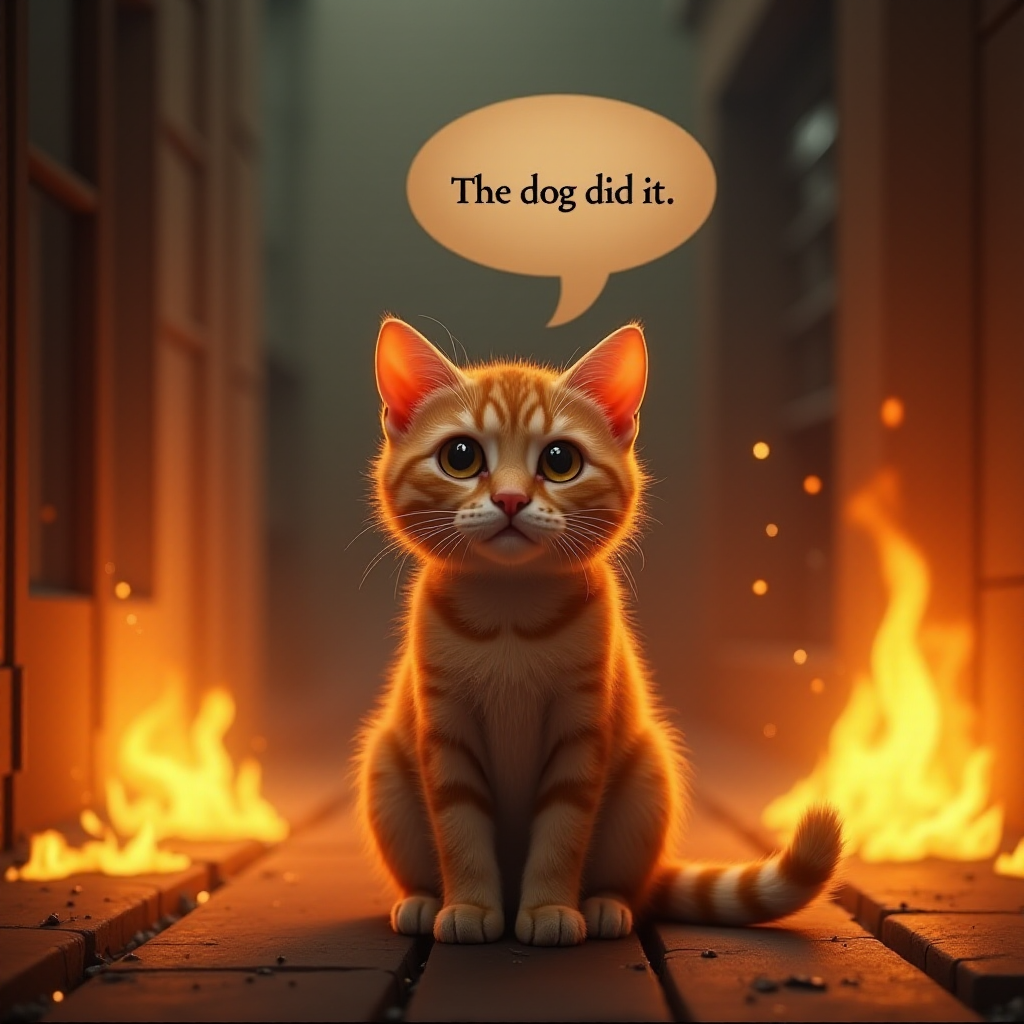 Photorealistic image of an innocent-looking cat sitting calmly in the middle of a burning room. Flames engulf the room, with fire licking up the walls and smoke filling the air. The cat is sitting on the floor, looking directly at the viewer with wide, innocent eyes. Above the cat, a speech bubble says "The dog did it". The contrast between the cat's calm demeanor and the chaos around it creates a humorous and surreal scene.