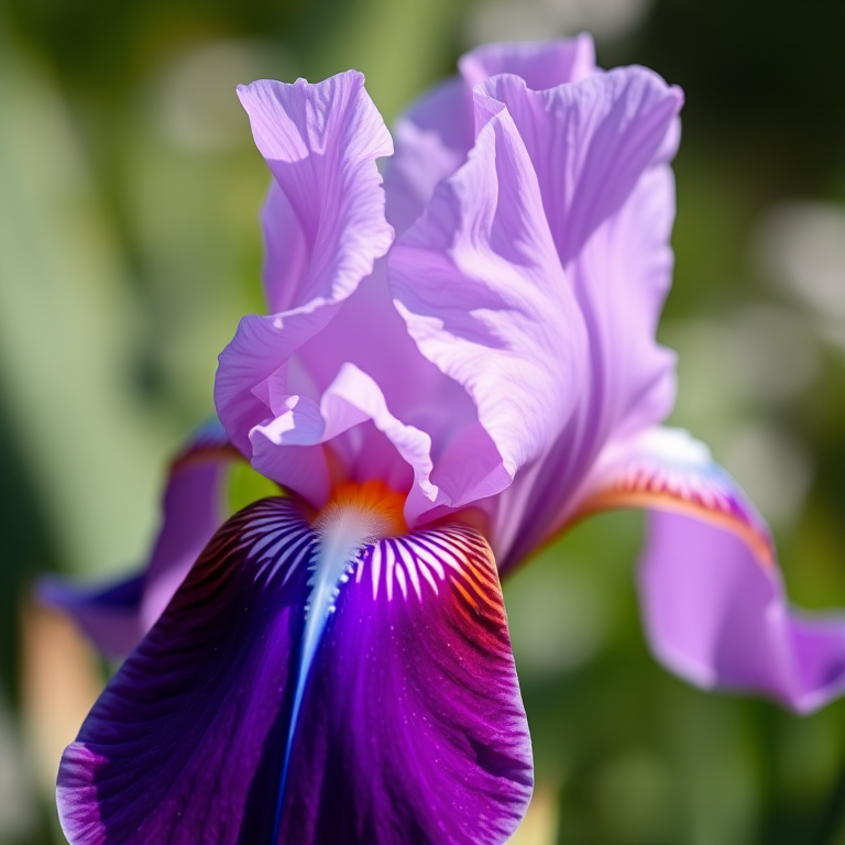 A close-up photograph of a purple and white iris flower with soft bokeh background, using a DSLR camera at f/2.8 aperture, ISO 100, shutter speed 1/200s, natural lighting, and a macro lens to enhance detail and color vibrancy.