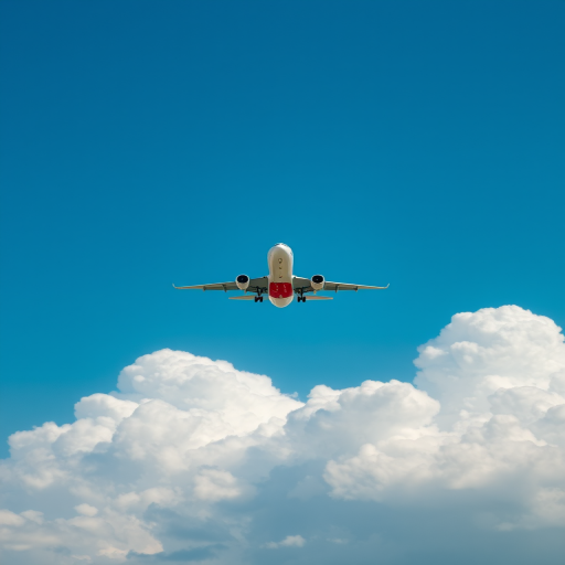 Capture a high-resolution image of an Emirates aircraft flying against a clear blue sky with fluffy white clouds, using a Canon EOS R5 camera, 24-70mm lens, f/8 aperture, ISO 100, at a shutter speed of 1/500s, shot from a low angle to emphasize the aircraft's ascent.