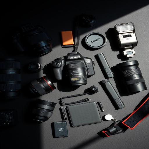 a flat lay composition of professional camera equipment including lenses, flash, and accessories, shot with a Canon EOS R5 at f/2.8 aperture, ISO 100, shutter speed 1/60 sec, using natural light for a soft look, and a dark background for contrast