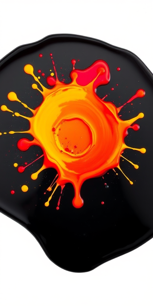 capture an abstract splash of red and yellow paint on a black surface with a macro lens, f/2.8 aperture, 1/1000 sec shutter speed, ISO 200, top-down view, DSLR camera, natural lighting
