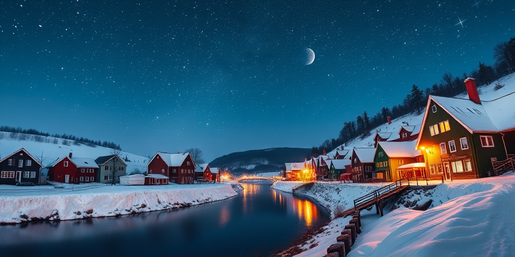 A picturesque winter scene with colorful houses along a quiet river under a starry sky, featuring Santa's sleigh in the background, shot with a DSLR camera at f/2.8, ISO 100, shutter speed 1/60s, using a wide-angle lens from a low-angle view for enhanced depth and clarity.