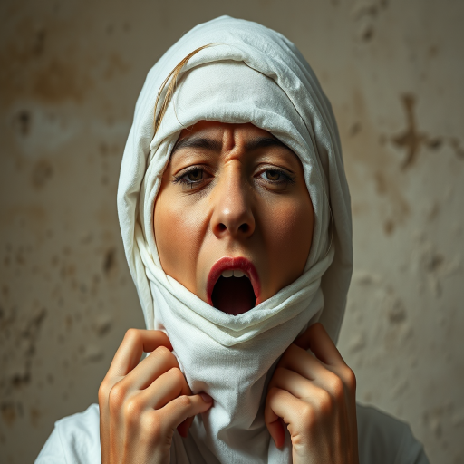 Create a close-up photographic image of a Tajik woman with light skin tones shown against an old, worn wall. Their head is wrapped in a white cloth covering (i.e.... parts of the head except the nose and mouth, which are open as if they are screaming...), with a slight texture and visible folds in the fabric. Thin strands of blonde hair escape from the wrapping above, falling lightly at the top and sides. Their hands hold the fabric as if they are tugging nervously. The lighting is dramatic and even, casting strong shadows. The image has a minimalist and surreal style with an emphasis on simplicity with soft color tones. The composition is centered.