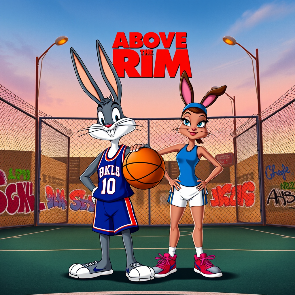 Design an Above the Rim poster featuring Bugs Bunny as Kyle and Lola Bunny as Shep. Bugs is dressed in a basketball jersey and shorts, holding a basketball with a confident expression, while Lola stands beside him in athletic gear, looking determined. The background features an urban basketball court with a wire fence, streetlights, and graffiti. The title "Above the Rim" appears in bold red letters at the top, keeping the original street basketball vibe