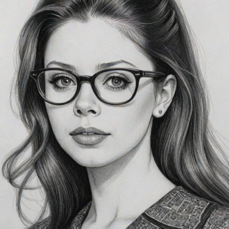 Attractive Michelle Trachtenberg, pencil sketch, portrait of Magnificent woman 1965s in glasses, hair style beatnik, outline, clear lines, fine lines, 8k