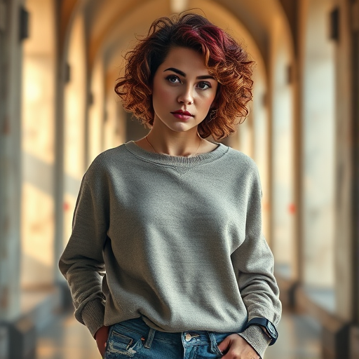 a fitness woman,Stacked Curls in Short Bob,rainbow hair,dressed in a casual oversized sweater with ripped jeans and sneakers,within the halls of eternal echoes,Overdetailed art Best quality ultra sharp intricate details Fine art,Polaroid,studio lighting