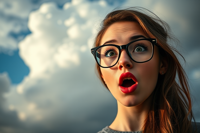Create an image of a surprised young woman with bold makeup and retro glasses against a dramatic cloud-filled sky using a DSLR camera with a 50mm lens, aperture set at f/1.8, ISO 200, in vibrant color style.