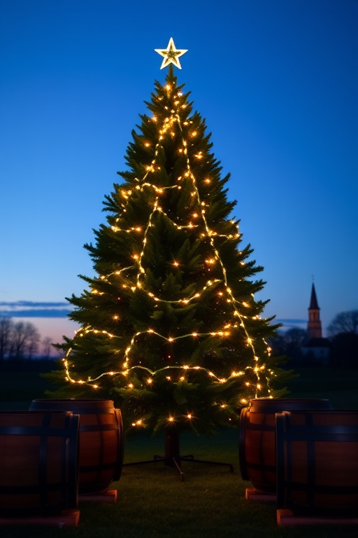 Create an image of a beautifully lit Christmas tree at dusk, adorned with warm white lights and a star on top. The tree is surrounded by three large wooden barrels, set against a serene landscape with a clear evening sky transitioning from blue to twilight. Include hints of distant trees or a church steeple in the background to enhance the festive atmosphere.