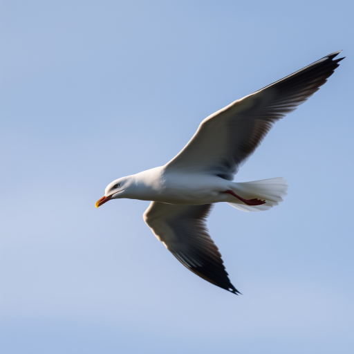 A seagull in flight against a soft blue sky, captured with a Canon EOS R5, 100mm lens, f/2.8, ISO 200, shutter speed 1/2000s, with shallow depth of field and natural light to enhance the feathers and fine details.