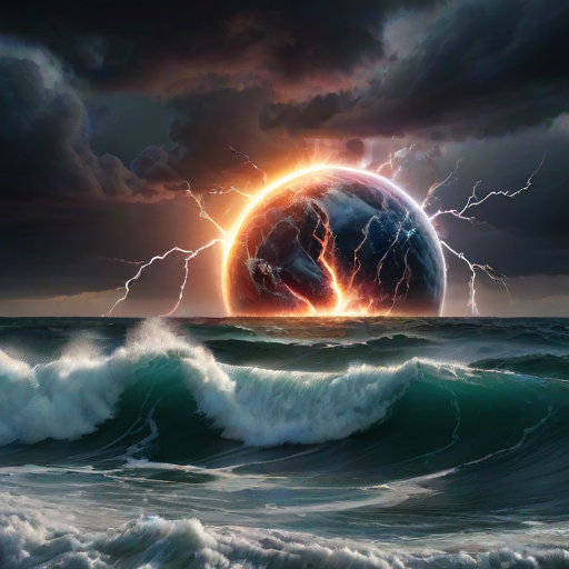 Create an image of a vibrant planet surrounded by swirling electrical currents and intense lightning, set against a dramatic ocean backdrop with crashing waves.
