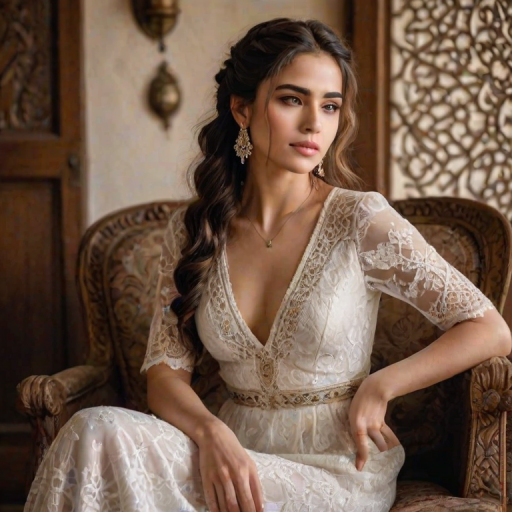 Create a portrait of a refined and elegant Kurdish woman seated in a sophisticated setting. She has long, wavy hair styled in two thick braids that are pulled over her shoulders. She wears a white, lace gown with intricate patterns, featuring a deep V-neckline and short sleeves. The dress exudes a vintage charm with its delicate lacework. She is adorned with ornate, dangling earrings that add a touch of glamour to her appearance. The background is softly lit, with warm, ambient lighting that creates a cozy and inviting atmosphere. Her expression is poised and serene, capturing a sense of grace and elegance.