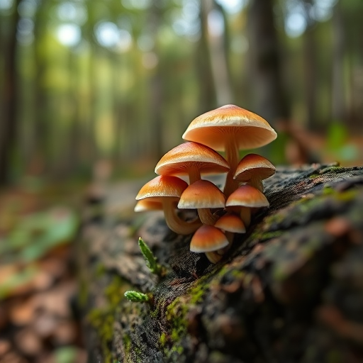 macro shot of mushrooms growing on a decaying log in a forest, natural lighting, shallow depth of field, f/2.8, ISO 200, 1/60 sec, DSLR camera, 50mm lens, soft focus background