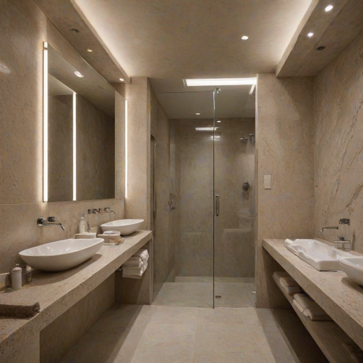 Public bath, basins of Beige granite, large mirror, white door without window, hidden lights in the ceiling walls, gray ceramic walls