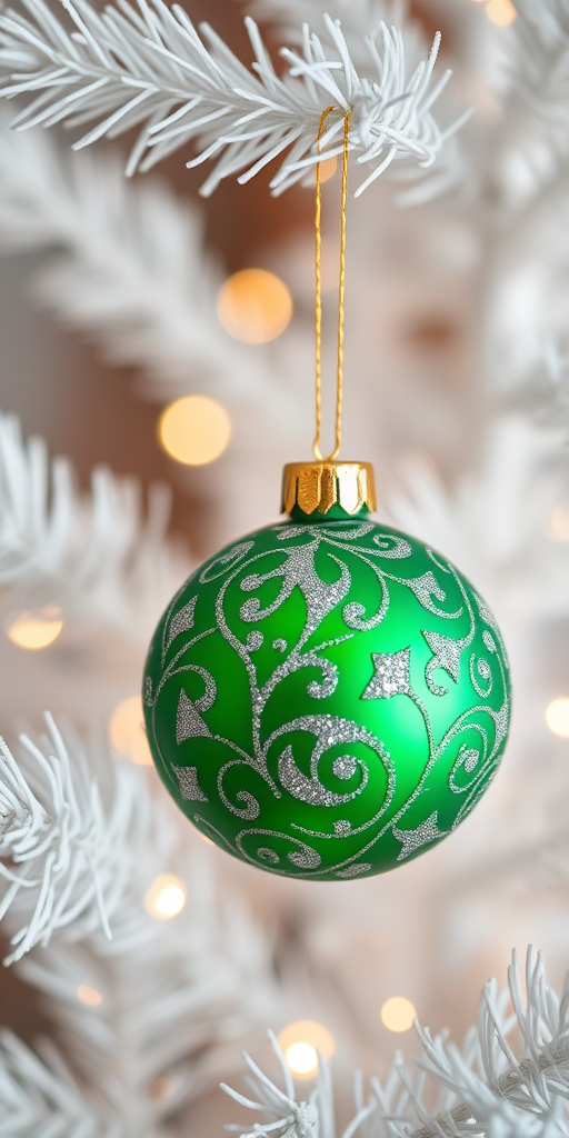 Generate an image of a close-up ornament hanging on a white Christmas tree. The ornament should be a vibrant green color with intricate swirling patterns and glitter accents. The background should be softly blurred, emphasizing the ornament and the bright white branches of the tree. Include soft, warm lights in the background to create a festive atmosphere.