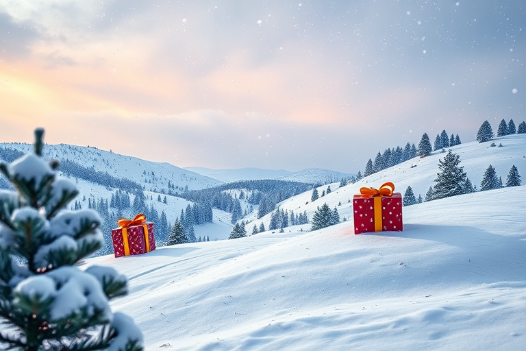 a whimsical winter landscape featuring colorful gift boxes on snow-covered hills, delicate snowflakes falling from the sky, with pine trees in the foreground, captured with a DSLR camera at F/8, ISO 100, 1/125s, wide-angle lens, high dynamic range for vibrant colors and sharp details