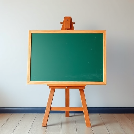 Create a high-resolution digital illustration of a blank green chalkboard on a wooden easel, shot from a slightly elevated angle using a 50mm lens, f/8 aperture, ISO 100, with natural lighting for enhanced clarity and detail.