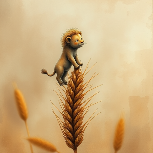 Soft, muted Alcohol Ink with ebru effect background image of tiny whimsical lion, who climbed high on the top of a golden rye ear.