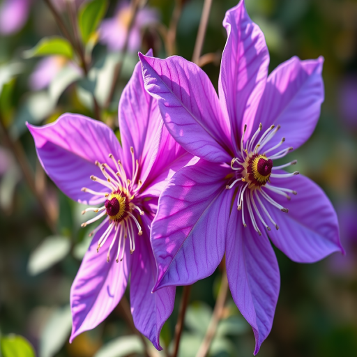 Generate a high-resolution image of two purple clematis flowers with intricate details and vibrant colors, captured with a macro lens at f/2.8, 1/200s shutter speed, ISO 100, soft natural lighting, from a slightly elevated angle.