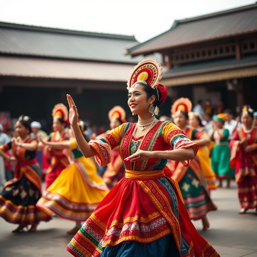 Capture a vibrant dance performance featuring traditional dancers in colorful costumes, shot at a wide angle with a shallow depth of field to emphasize the dancers, using a Canon EOS R5 with a 50mm f/1.2 lens at ISO 100, shutter speed 1/500 sec, and aperture f/2.8 for enhanced image quality and detail.