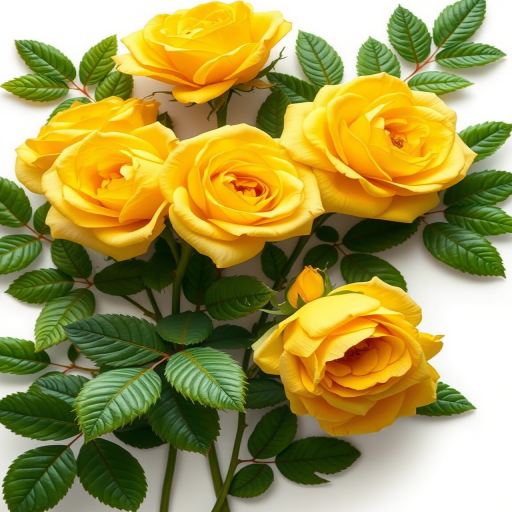 Create a vibrant and detailed illustration of yellow roses with lush green leaves on a white background, using a Canon EOS R5 with a 50mm lens, aperture set to f/2.8, ISO 100, and a soft natural light setup for enhanced color depth and clarity.
