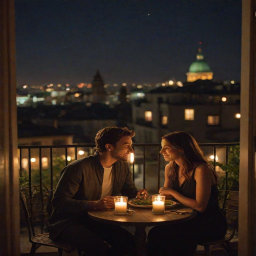 Warm, intimate image of a couple sharing a quiet dinner on a candlelit balcony, soft glow from the candles casting warm shadows on their faces, distant city lights twinkling below, and the smell of fresh herbs and grilled food in the air.
