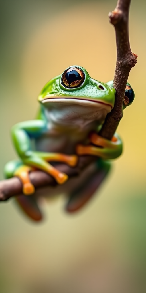 Close-up of a vibrant green frog perched on a branch, captured with a DSLR camera, aperture f/2.8, shutter speed 1/250s, ISO 100, natural soft lighting, shallow depth of field for a blurred background.