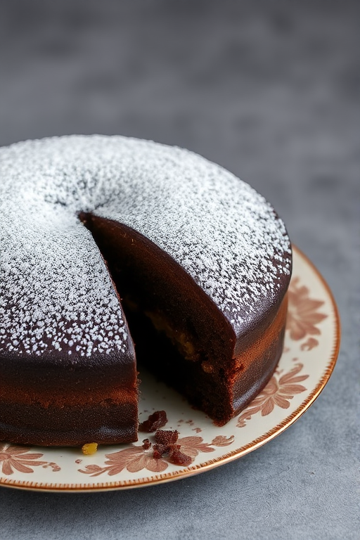 A delicious chocolate cake with a slice cut out, dusted with powdered sugar, revealing a moist and rich interior with chunks of nuts, placed on a decorative plate on a textured gray background.