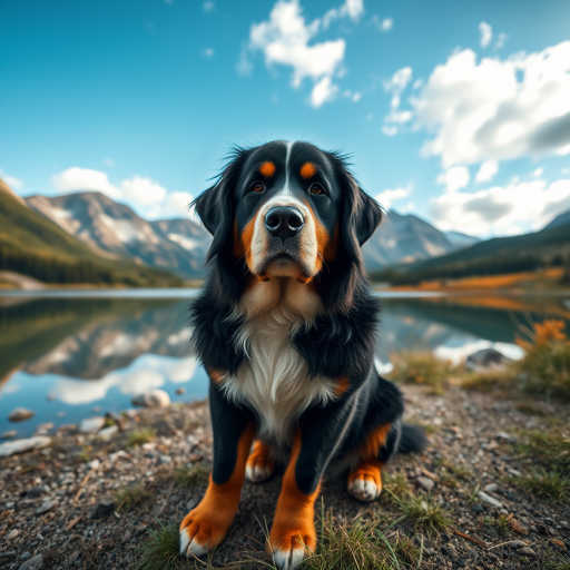 Create a high-resolution image of a Bernese Mountain Dog sitting near a tranquil lake surrounded by mountains, captured with a Canon EOS R5 at f/4, ISO 100, 1/200s, using a wide-angle lens and taken from a low angle for a dramatic perspective.