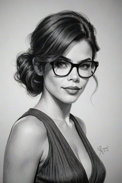 Graceful Jenna Dewan, pencil sketch, portrait of Appealing woman 1925s in glasses, hair style beatnik, outline, clear lines, fine lines, 8k